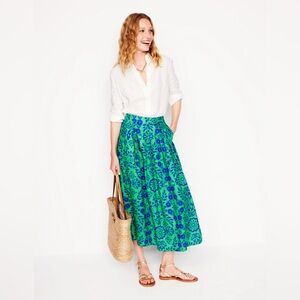 Boden Verity Linen Midi Skirt 20-22R Structured Meadow Mono Green Blue *HEMMED*